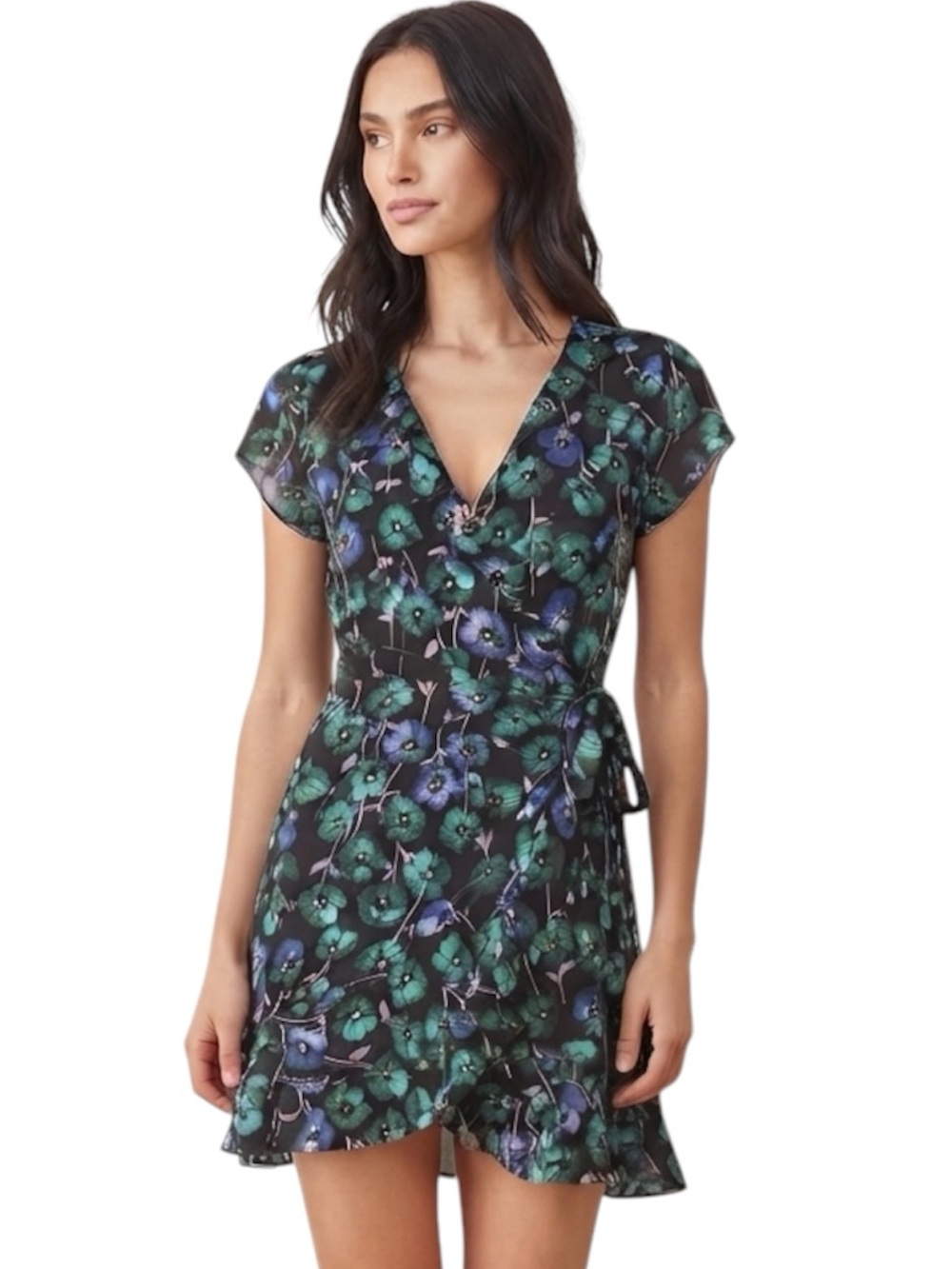 Sunday Best NWOT Black Vibrant Teal Floral Mini Wrap Dress Size 4